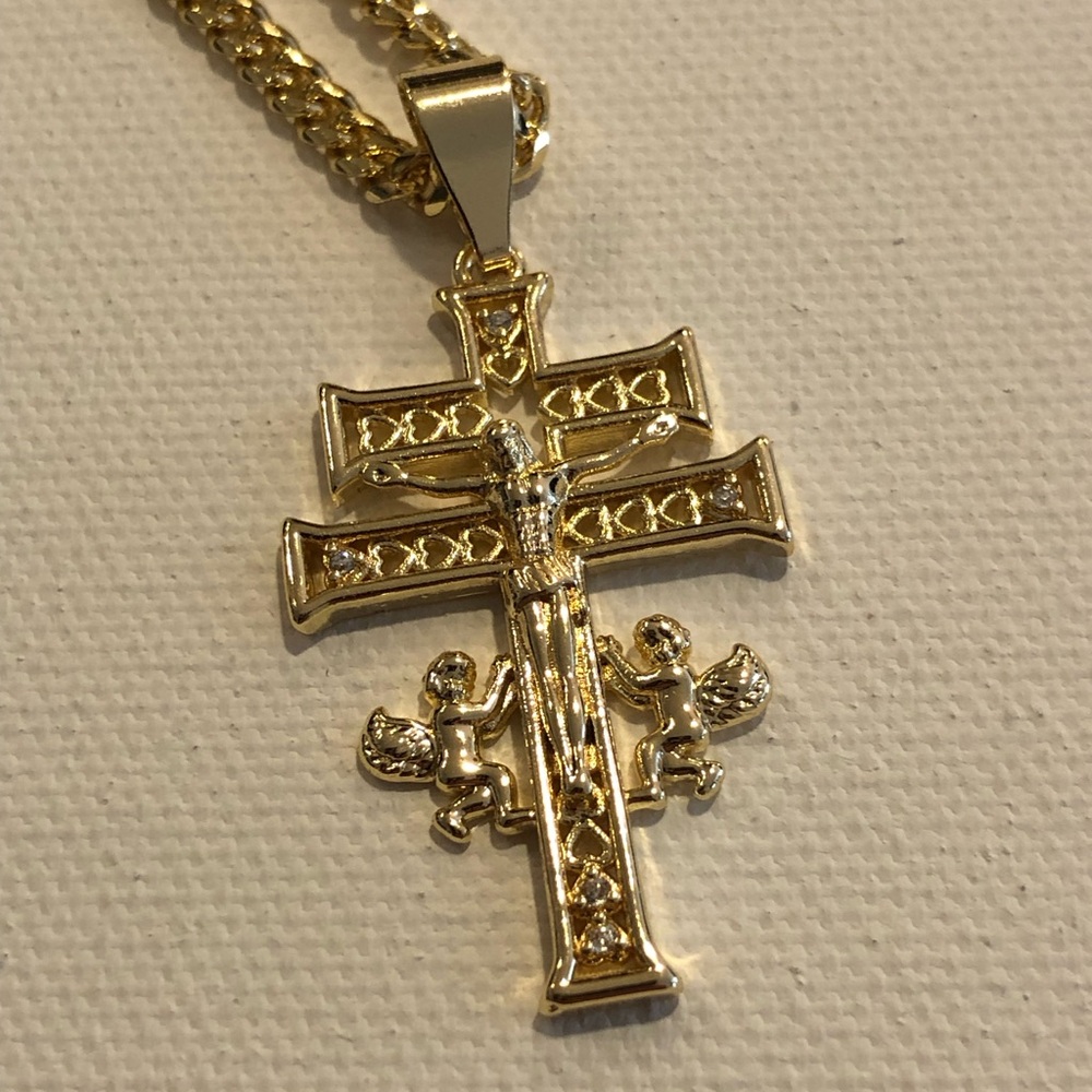 Gold-Tone Cross Pendant Necklace with Cherub Accents